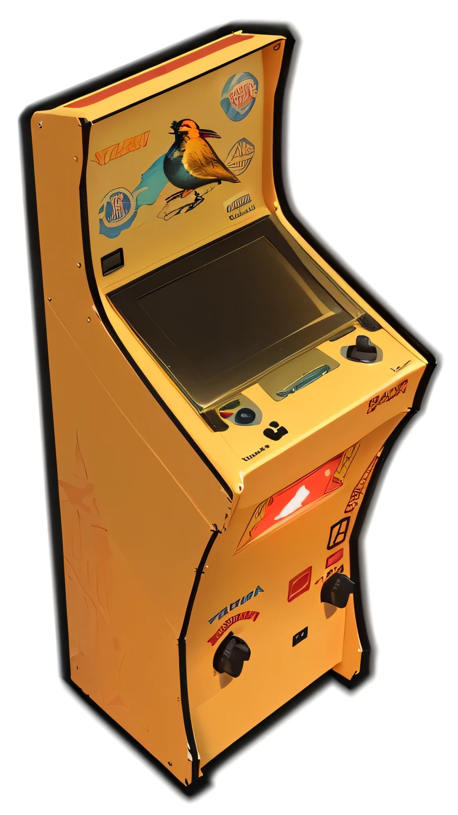 a close up of a small yellow arcade machine with a bird on it, arcade machine, 1990s arcade machine, video game item, arcade cabinet, Arcade Game, number, Electronic games, arcade machines, 3D game objects, Number Rendering, Cyberdeck computer terminal, Computer rendering,  arcade, Electronic games asset, numberDraw，Vintage game consoles，game arcade，Pinball Machine