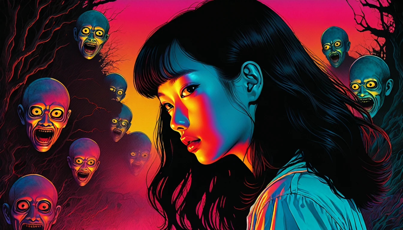An illustration、art、80s Thai horror movie poster, Supervised by Junji Ito、High 、Attention to detail, Realistic Shadows、Analog Style, chromatic aberration, Surrealism、Complementary Gradient