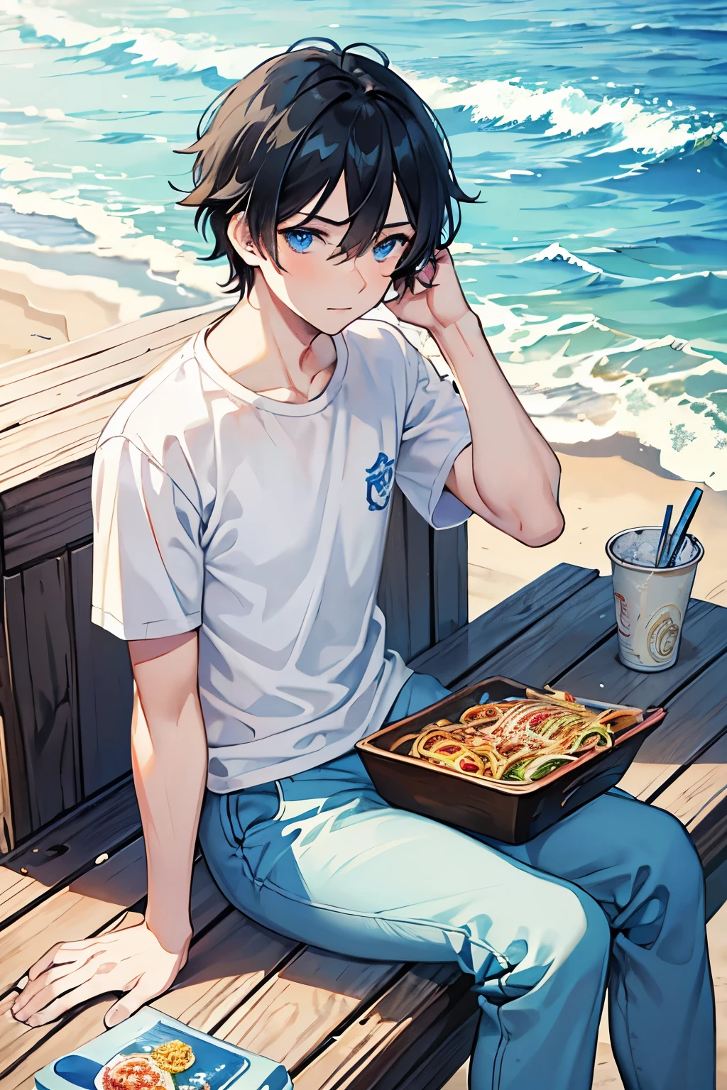 salt water pants, summer, (masterpiece), best quality, expressive eyes, perfect face, black haired man, blue eyes,boy, fried noodles, sitting on the beach,