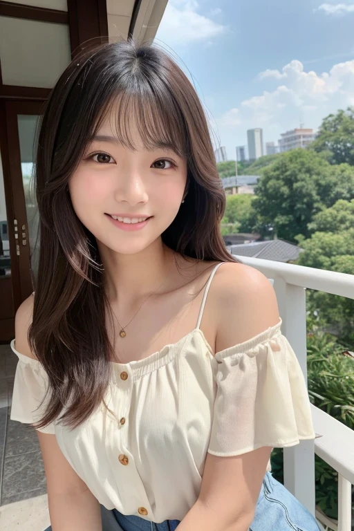 Produce the highest quality and highest resolution 8K images。Please draw the upper body of a 20 year old Japanese woman.。Please draw an image of you relaxing on your balcony at home on a holiday.。She has brown eyes and a model-like figure、She has an idol-level cute face.。The hair is wavy。Clothes、She is wearing a short-sleeved blouse。The skin is、It is a natural skin color。she、Looking at you with a smile。