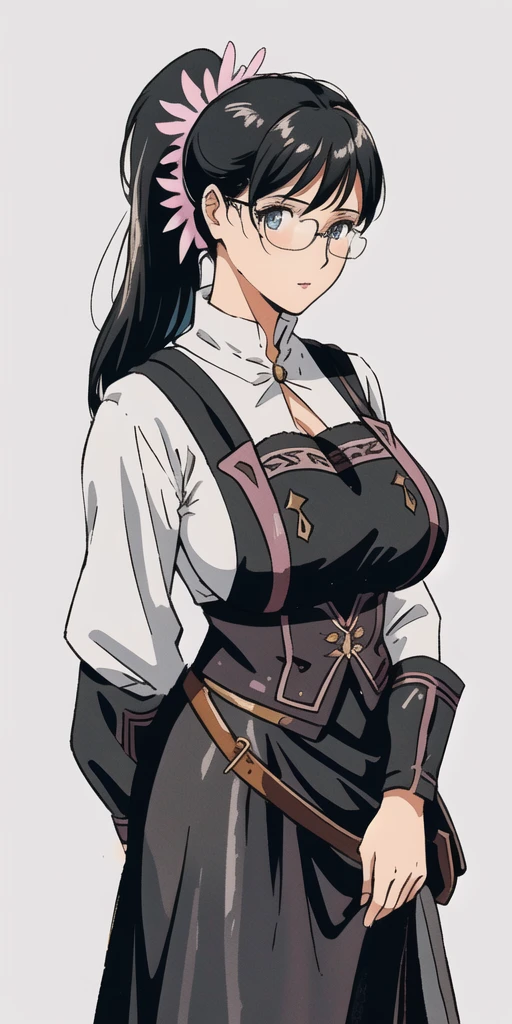 cattleya_qb, huge breasts, standing, solo, low_ponytail, masterpiece, best quality, detailed face, detailed eyes, highres,ancient luxurious long clothes,old school fantasy art,farmer outfit,black outfit,((simple background)),(gray background,)