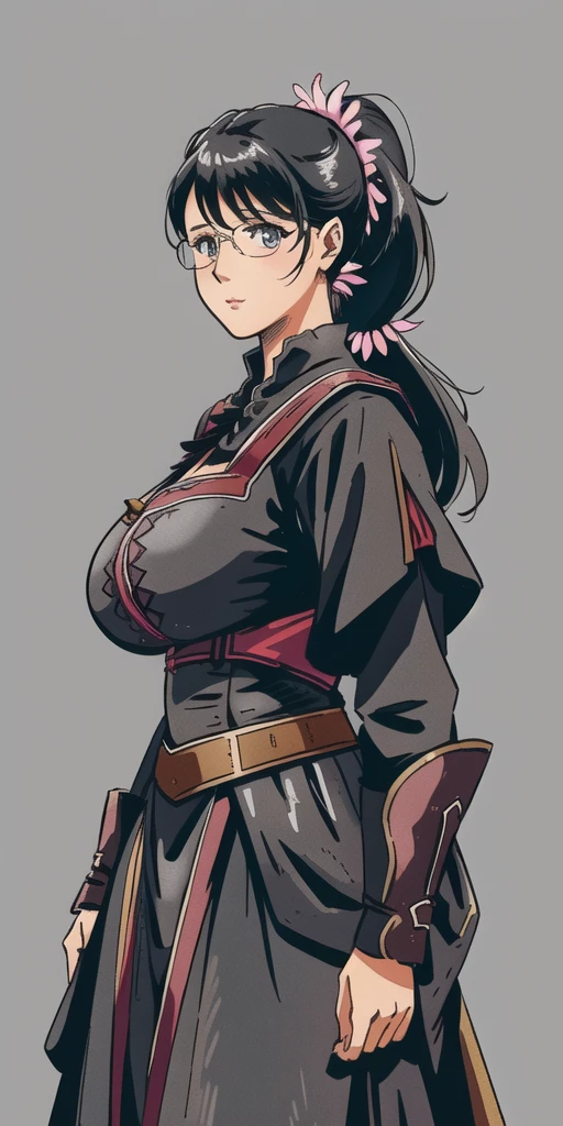 cattleya_qb, huge breasts, standing, solo, low_ponytail, masterpiece, best quality, detailed face, detailed eyes, highres,ancient luxurious long clothes,old school fantasy art,farmer outfit,black outfit,((simple background)),(gray background,)