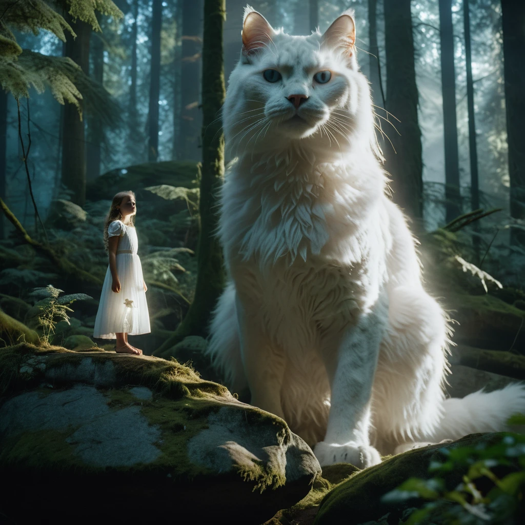 cinematic film still In a mysterious forest, a girl stands on a huge rock, in front of which sits a huge white cat, emanating a mysterious light, fairy tale, point of light, foggy, Tyndall effect, cinema lighting, Sony camera, backlighting, edge lighting, ray tracing, film grain