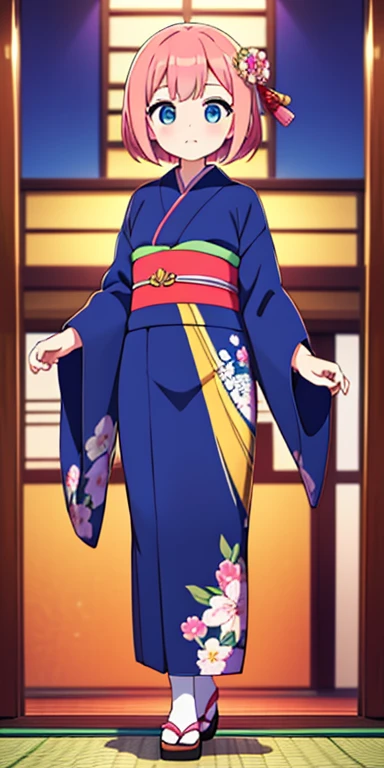 Full body, beautiful eyes , 1 girl , full body , cute girl , anime style , cute eyes , (standing up) , (Kimono Girls are elegantly dressed in traditional Japanese kimonos, often featuring vibrant colors and intricate patterns. Their hair is styled neatly, often adorned with floral accessories or ornamental hairpins. They move with grace and poise, embodying the beauty and tradition of their cultural heritage.)