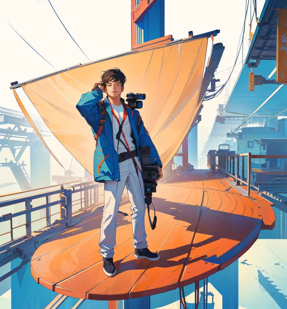 A man stands on a platform with a camera,male,whole body, Cover Illustration, Digital Illustration,Best picture quality,Lens perspective,Exquisite facial features