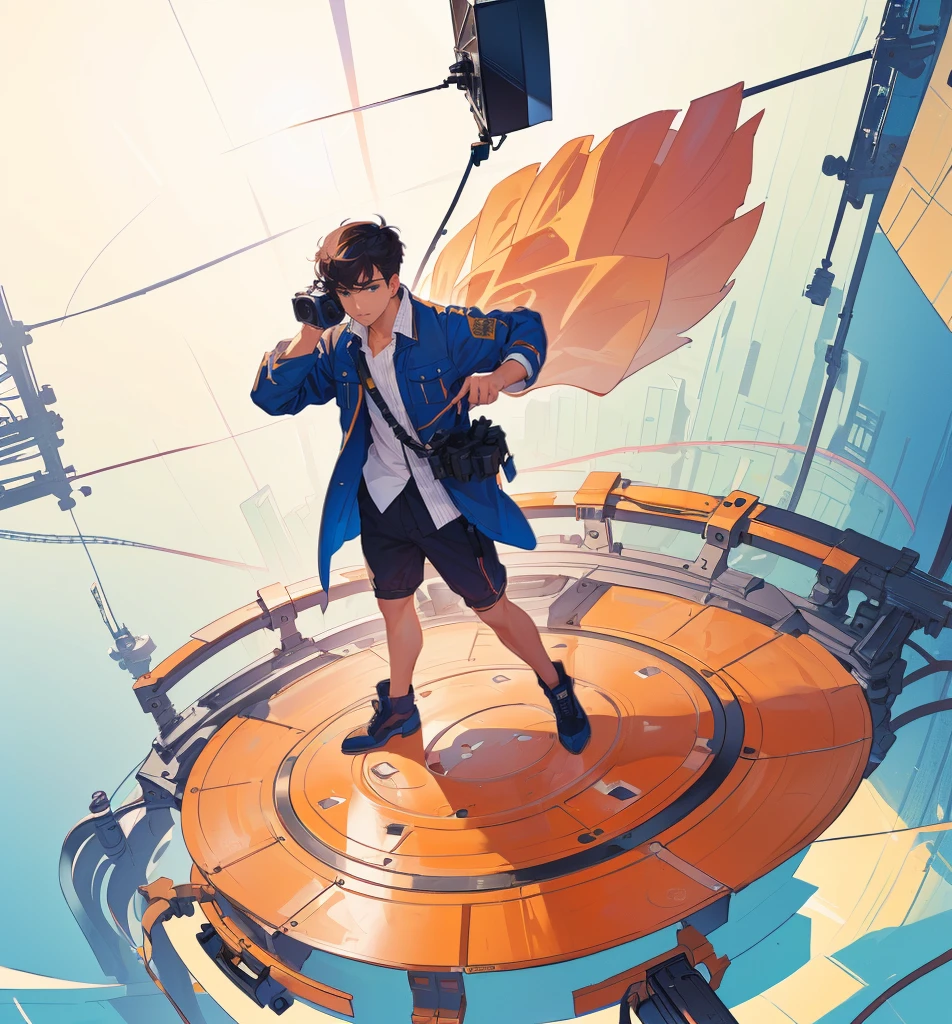 A man stands on a platform with a camera,male,whole body, Cover Illustration, Digital Illustration,Best picture quality,Lens perspective,Exquisite facial features
