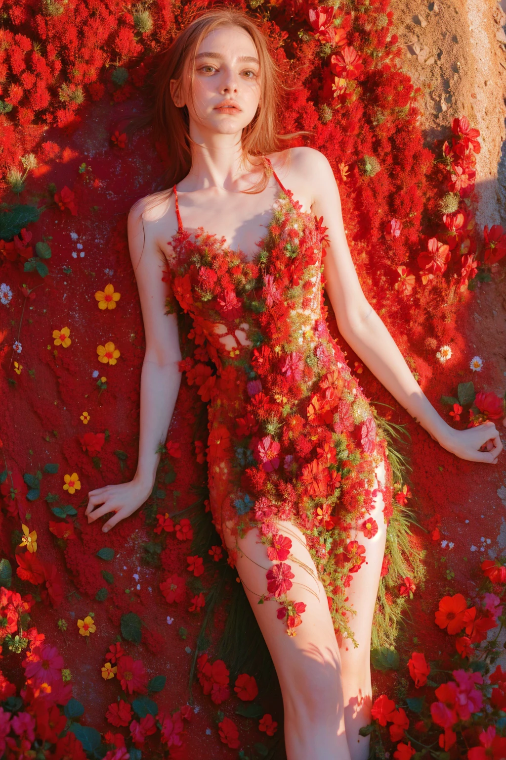 woman, flower dress, colorful, epic background,flower armor, red theme, full red theme, NOT Dasha Taran, UHD 32K lossless photography like