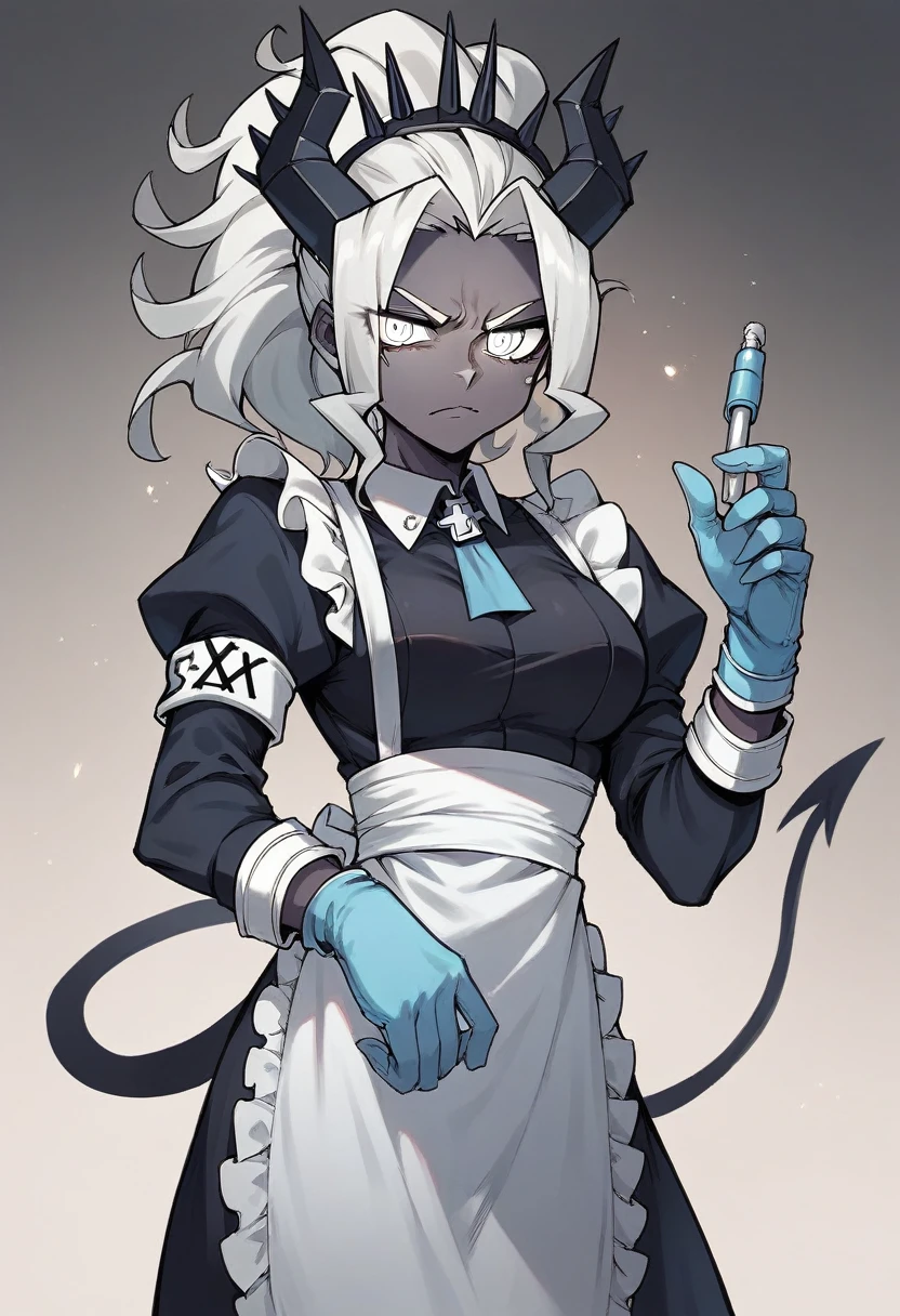 1girl, judgement \(helltaker\), ((blue medical gloves)), (black maid uniform), ((long sleeves)), looking at viewer, standing, solo