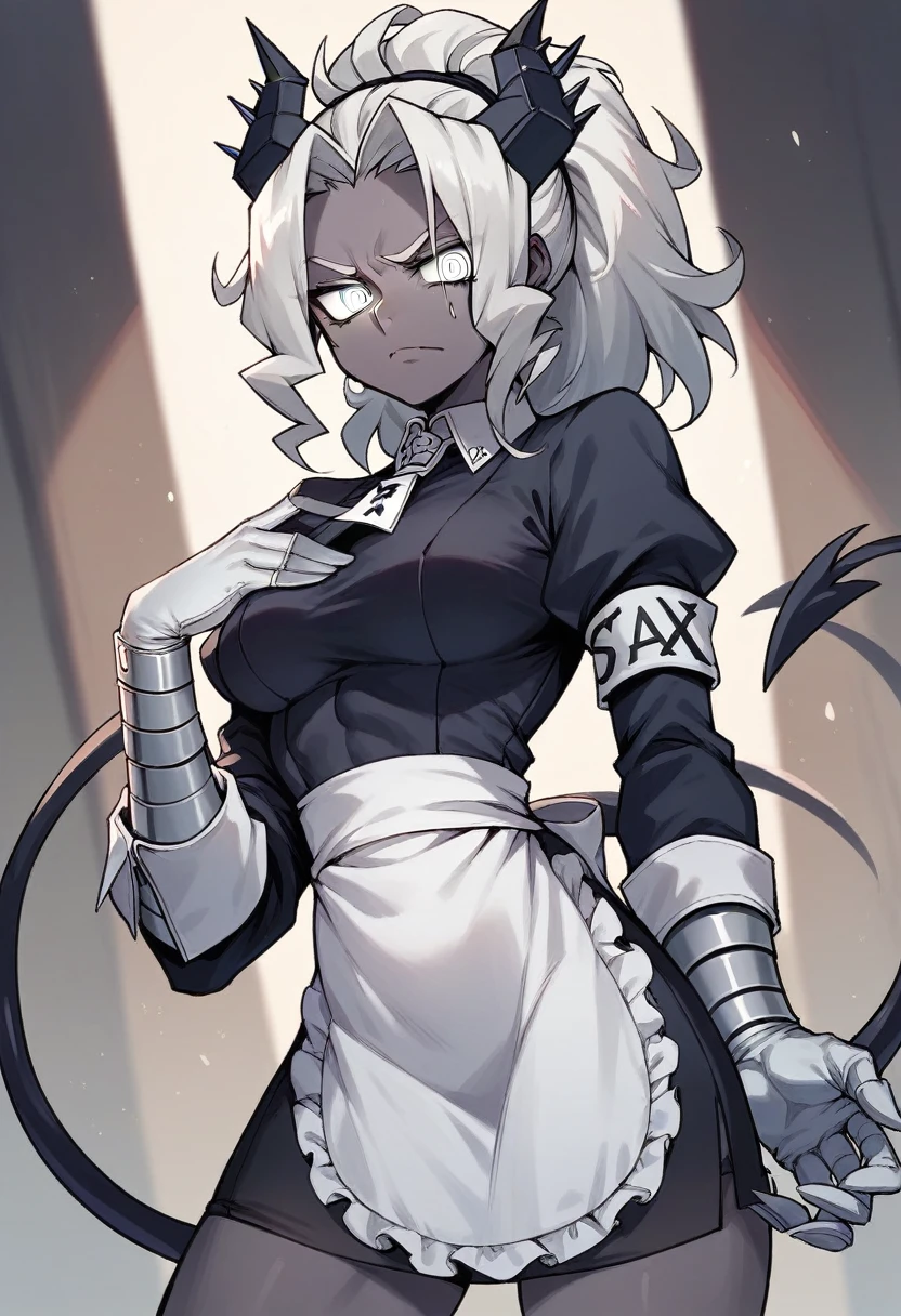 1girl, judgement \(helltaker\), ((blue medical gloves)), (black maid uniform), ((long sleeves)), looking at viewer, standing, solo

