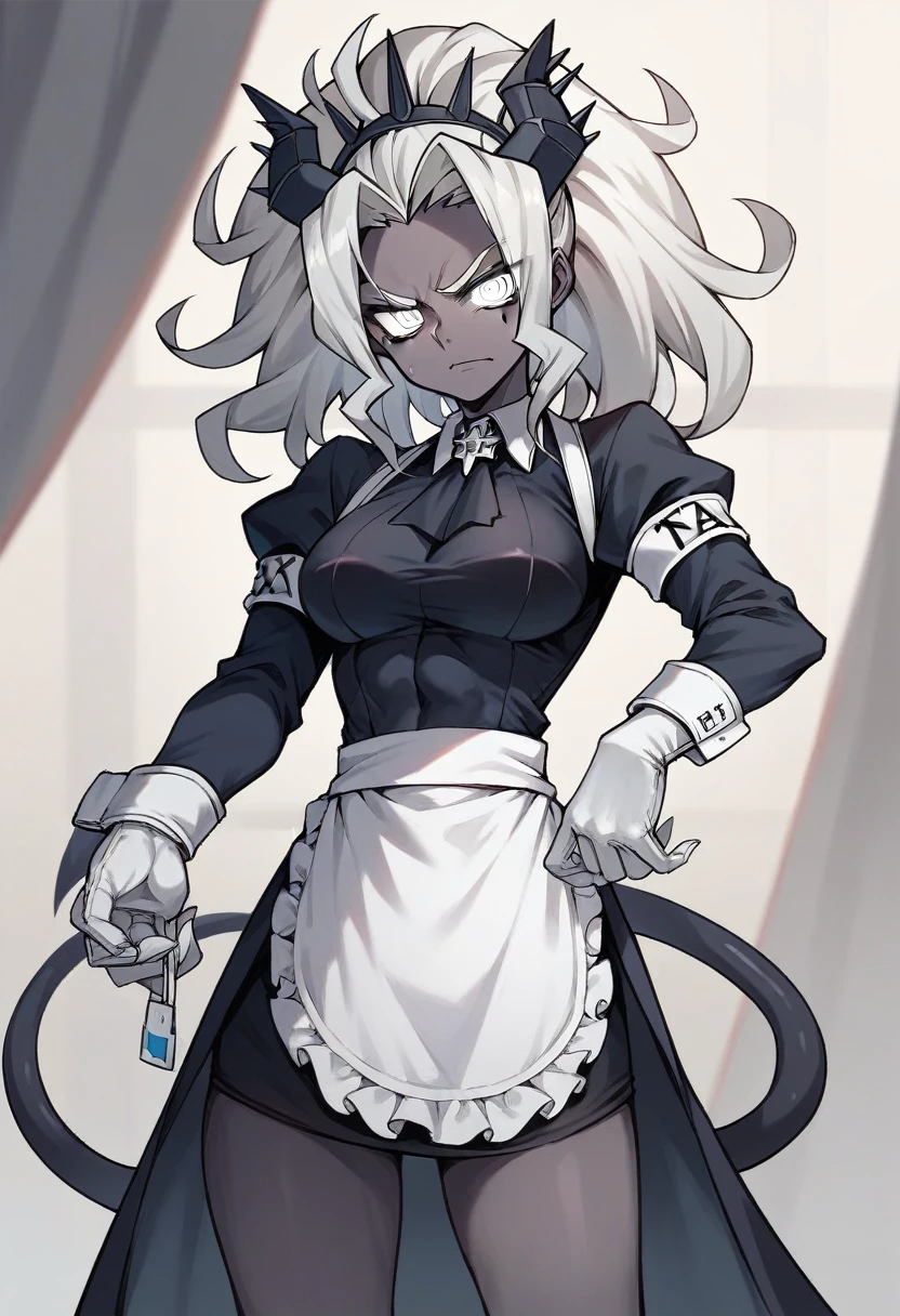 1girl, judgement \(helltaker\), ((blue medical gloves)), (black maid uniform), ((long sleeves)), looking at viewer, standing, solo

