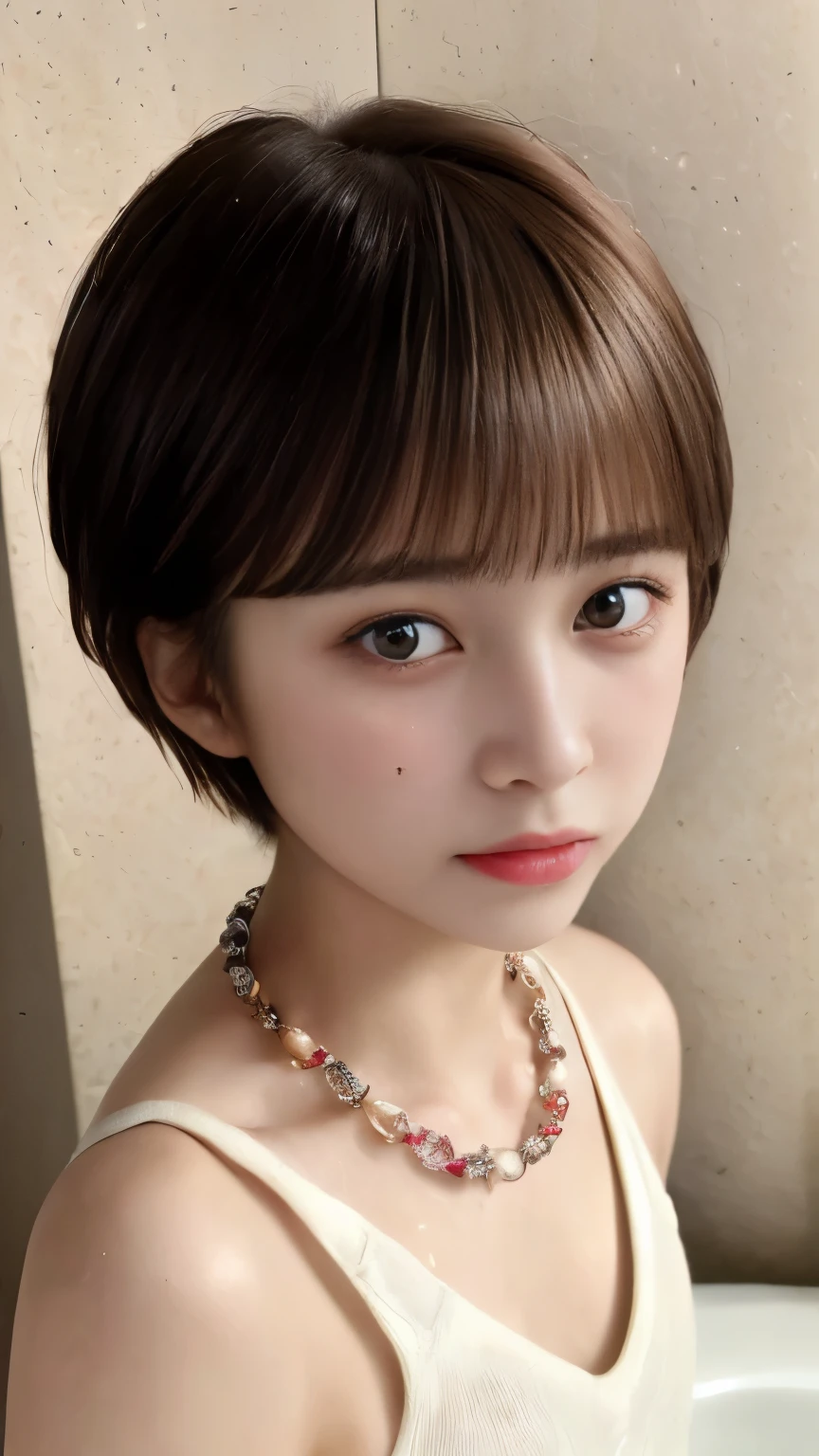 ((Top quality)),(masterpiece:1.4),Original Photography,8K,((Top image quality)),((high resolution)),Every detail is beautiful,Realistic human skin,Gentle expression,(A lady:1.3 ),Realist,Photorealistic,(Super short hair:1.4),(Beautiful woman),(Cute Japanese Girl),(Childish:1.3),(Manly),((pretty Woman)),(Beautiful hair),((Dark brown hair)),(((Red cheeks))),((Her eyes are big)),20-year-old beauty,(Her face is small:1.7),Small head,((Long Neck)),Pale skin,The skin is unblemished,With bangs,Everyone desires,Japanese Beauty,(A necklace) ,Squat ,In the bathtub ,Thin body ,Sweat ,wet,Face Focus ,View Viewer
