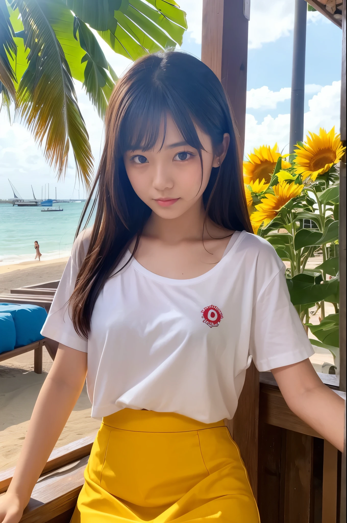 20 years old girl (Japanese cute face) is wearing white T-shirt, mini skirt at the beach bar with sunflower