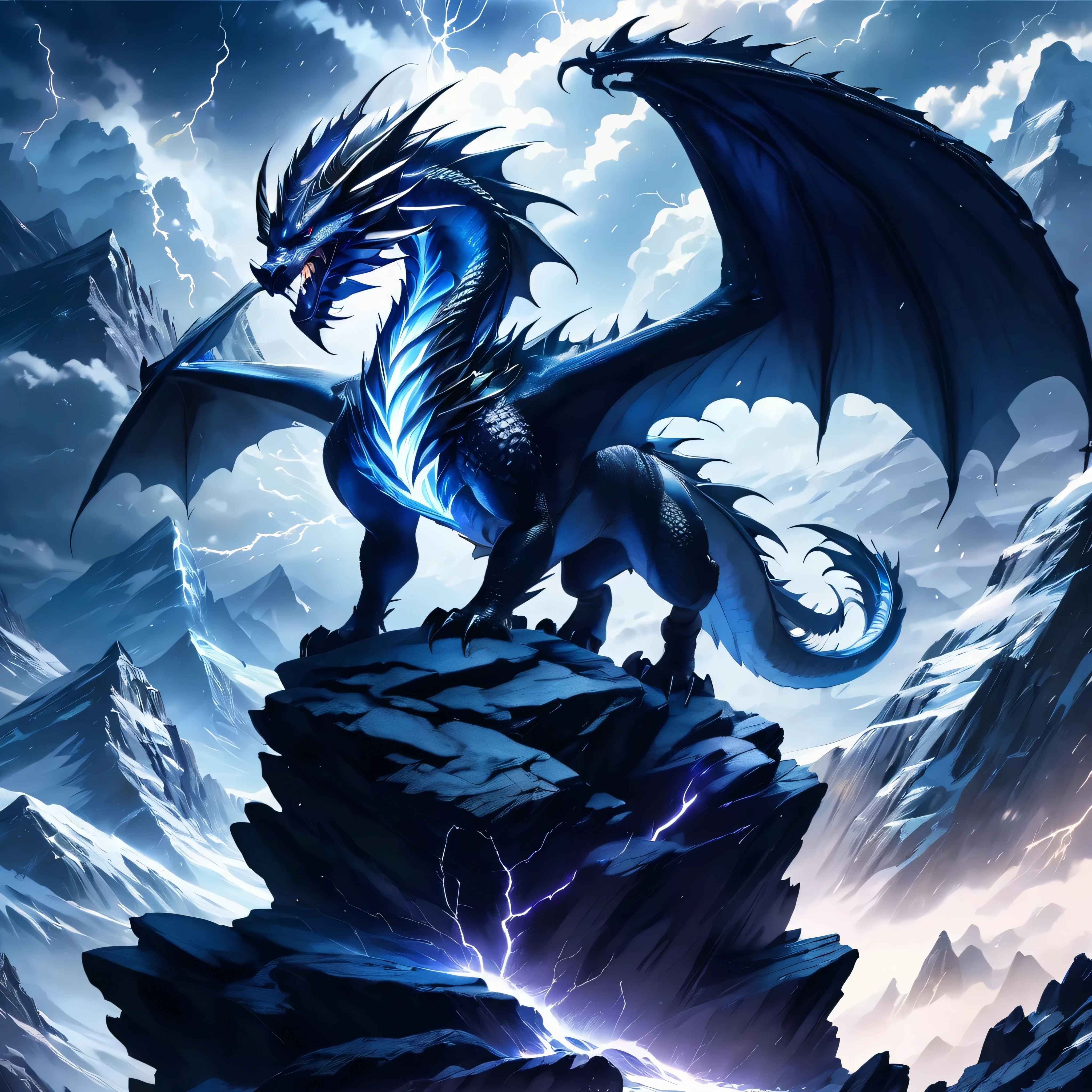 (A storm dragon with 2 wings standing on a high rocky ledge ), solo, lightning, clouds, rain, BREAK, mystical creature, realistic, ultra detailed, dynamic pose, moonlit night, detailed snowy mountain background