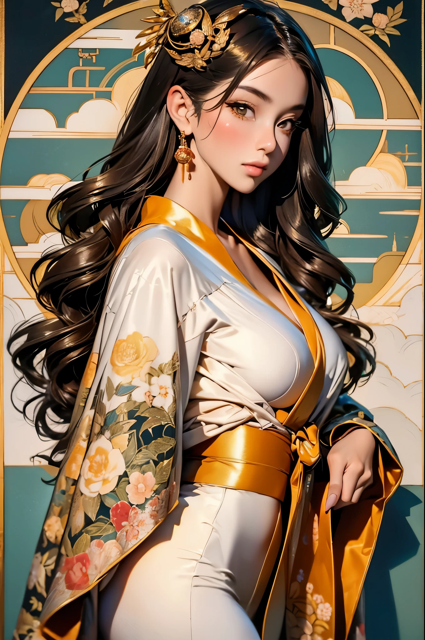 a woman in a golden kimono dress with a gold halo, japanese goddess, chie yoshii, elegant japanese woman, portrait of a beautiful geisha, intricate geisha kimono, japanese art style