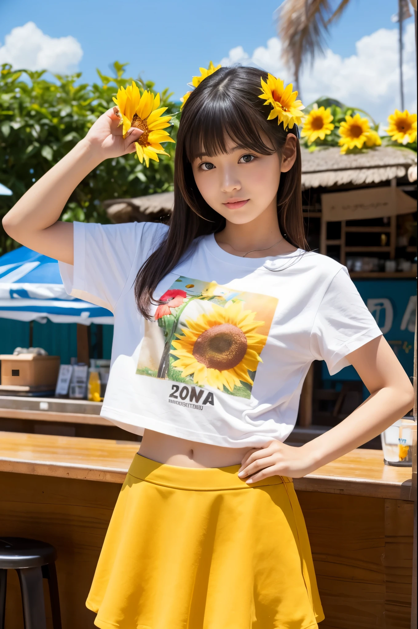 20 years old girl (Japanese cute face) is wearing T-shirt, mini skirt and has sunflower at the beach bar