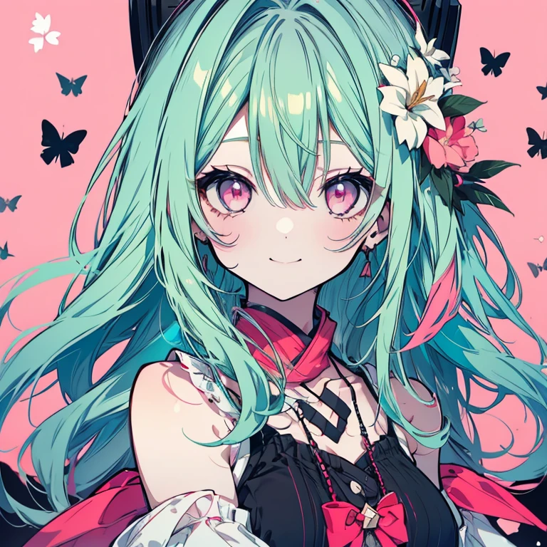1 girl、Mature、Ample breasts、Long Hair、Mint green hair、Pink Eyes、Twin tails、camisole、Miniskirt、Black and red check pattern、smile、High resolution、Highest quality
