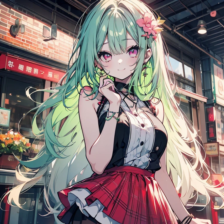1 girl、Mature、Ample breasts、Long Hair、Mint green hair、Pink Eyes、camisole、Miniskirt、Black and red checkered dress、smile、High resolution、Highest quality