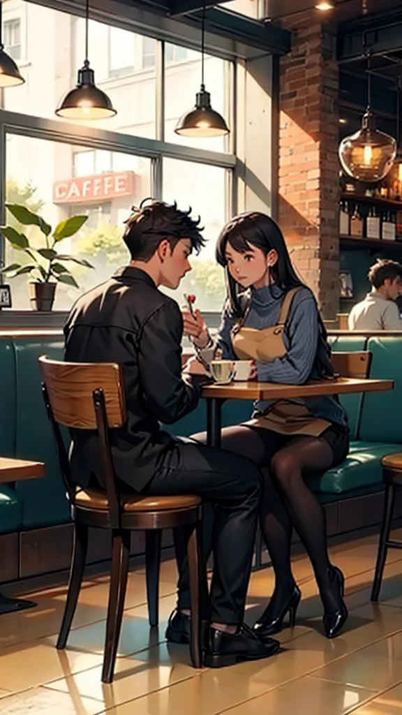 Young couple sitting inside a cafe. the girl is wearing short clothes.,I'm sad, holding the hand of a man who's about to leave, and the man stands there unable to let go of my hand, and soft lights are burning in the cafe.. moody colors, sharpness