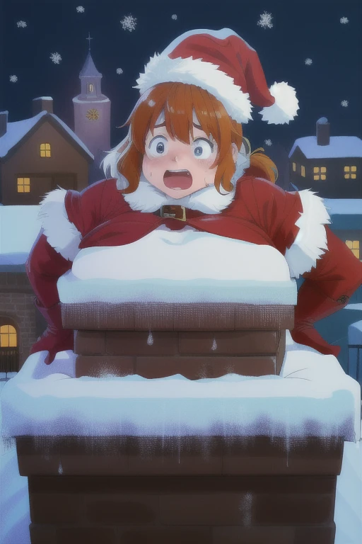 1girl, fat bbw santa girl, stuck in chimney, rooftop, snow, solo, large breasts, scared, struggling, highres, absurdres, she is being pulled by her female friends