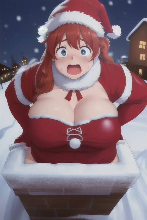 1girl, fat bbw santa girl, stuck in chimney, rooftop, snow, solo, large breasts, scared, struggling, highres, absurdres, she is being pulled by her female friends