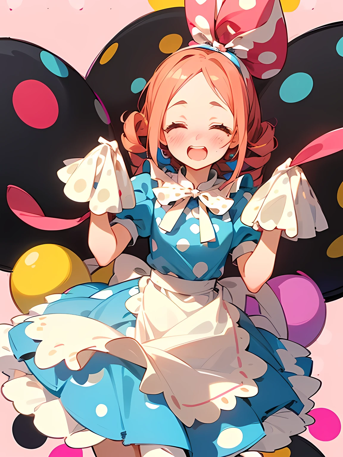 (Alice in Wonderland:1.3),(straight red drill hair),big forehead,(A vibrant and lively background:1.2),(Pop and cute black polka dot pattern:1.45)),((You are the main character!:1.2)),((Beautiful images:1.15)),((high quality:1.15)),((Perfect graphics:1.15)),(((girl、Lady))),Big smile,(blush、Embarrassed laugh:1.25),(white、pink、cream、black、yellow)