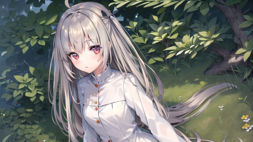 ((masterpiece)),(best quality),Official Art,Extremely detailed CG,Unity 8K wallpaper,Very detailed,Beautiful and delicate eyes,Extremely detailed face,1 girl,solitary,,(whole body:1.5),With long grey hair and red eyes,White coat,sunny,The little yellow flower of the story,Floated from the year of birth