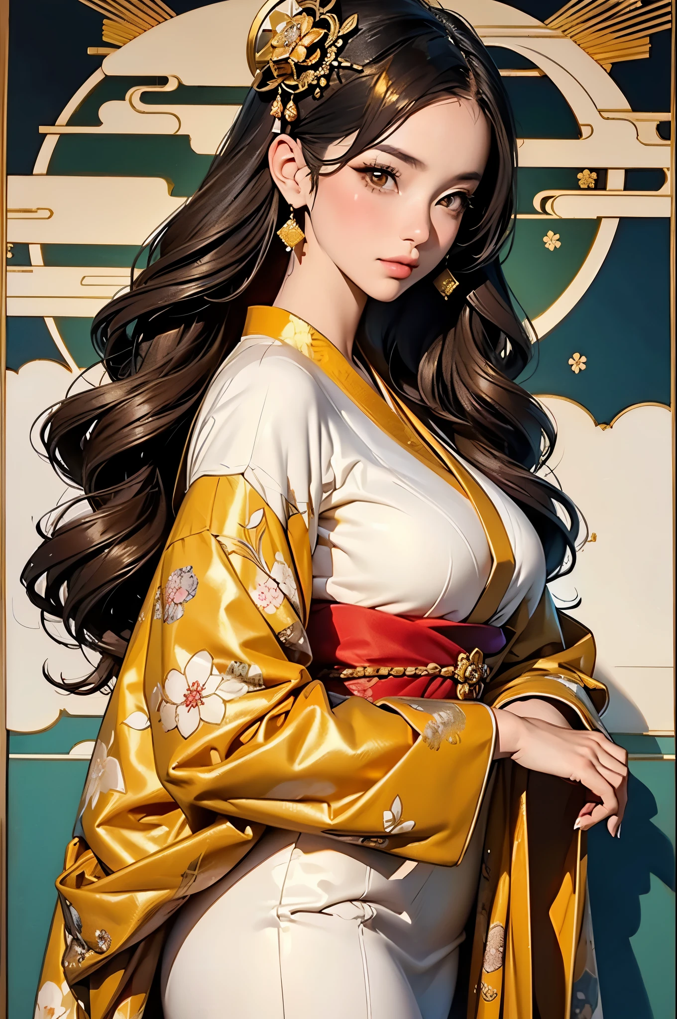 a woman in a golden kimono dress with a gold halo, japanese goddess, chie yoshii, elegant japanese woman, portrait of a beautiful geisha, intricate geisha kimono, japanese art style