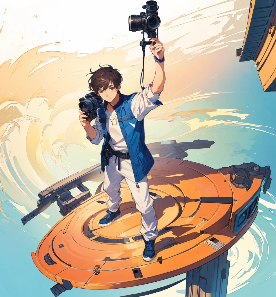 A man stands on a platform with a camera，male，whole body， Cover Illustration, Digital Illustration,Best picture quality，Lens perspective，Exquisite facial features