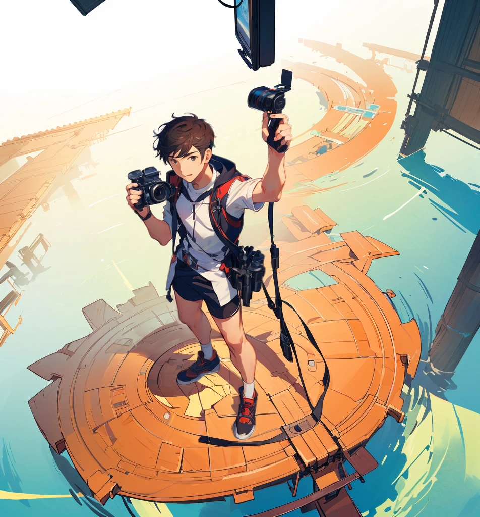 A man stands on a platform with a camera,male,whole body, Cover Illustration, Digital Illustration,Best picture quality,Lens perspective,Exquisite facial features