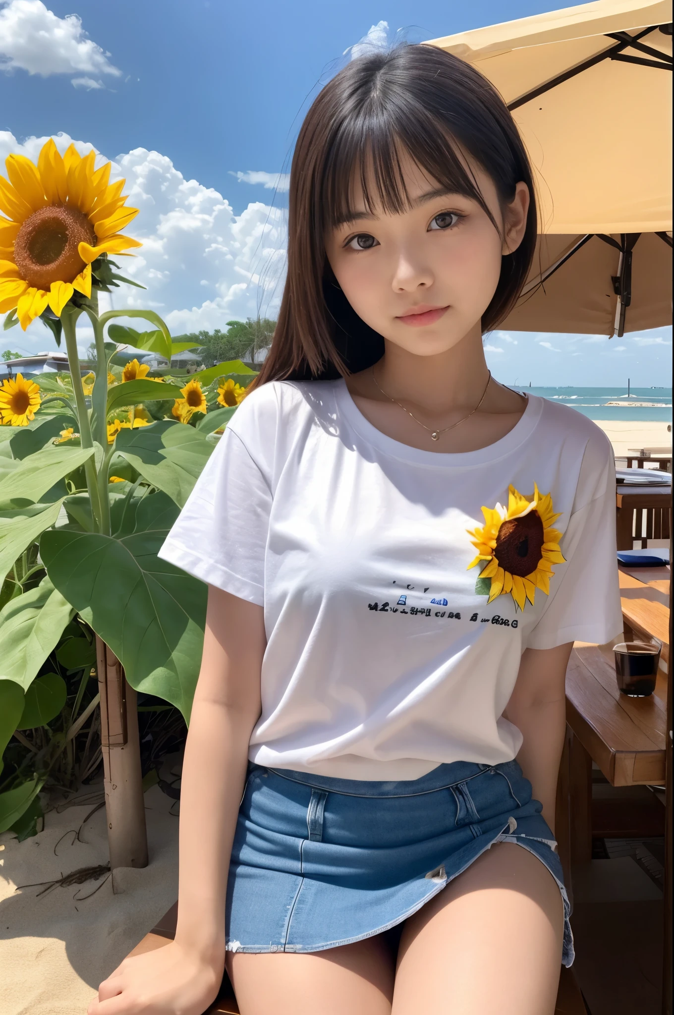 20 years old girl (Japanese cute face) is wearing T-shirt, mini skirt and has sunflower at the beach bar