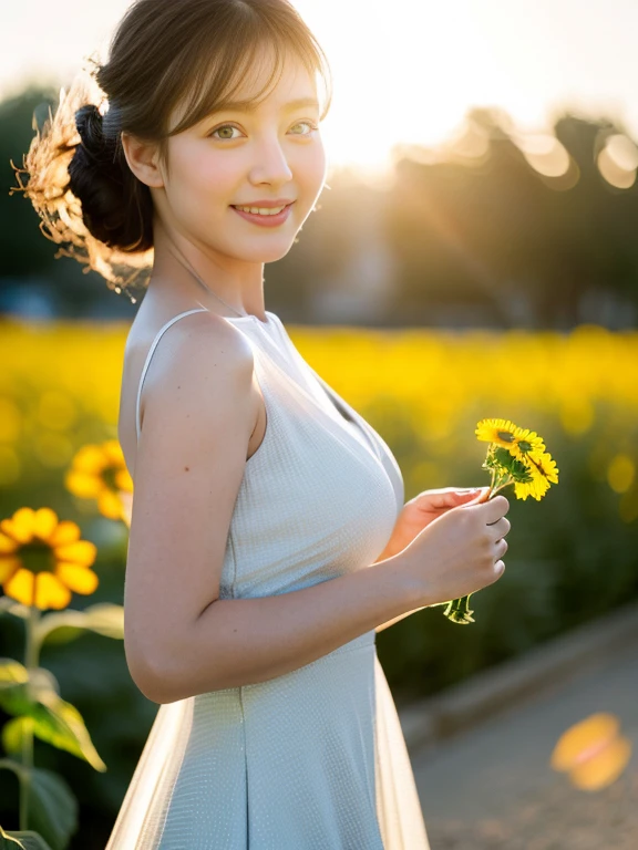 (masterpiece, best quality), outstanding details, ultra-high resolution,
anatomically correct, textured skin, (realism: 1.4),
wide shot, atmospheric perspective, Wide-Angle, f/1.2, UHD,
cowboy shot, (Walking), (holding a sunflower, reaching out),
1 Japanese woman, 30 years old, KAWAII and a delicate face,
perfect proportion, (chubby:1.1, small breasts),
dazzling smile, looking at viewer, animated expression,
chubby cheeks:1.2, tareme, Downturned Eyes, pupils sparkling, small nose,
brown hair, low ponytail, short hair, swept bangs,
(wearing a shoulderless dress, The dress is white with a gradation of colors from white to navy blue, The material of the dress is thin, transparent, and smooth),
(background: Serene riverside with blossoming wildflowers)
depth of field, backlighting, cinematic lighting, reflection light,