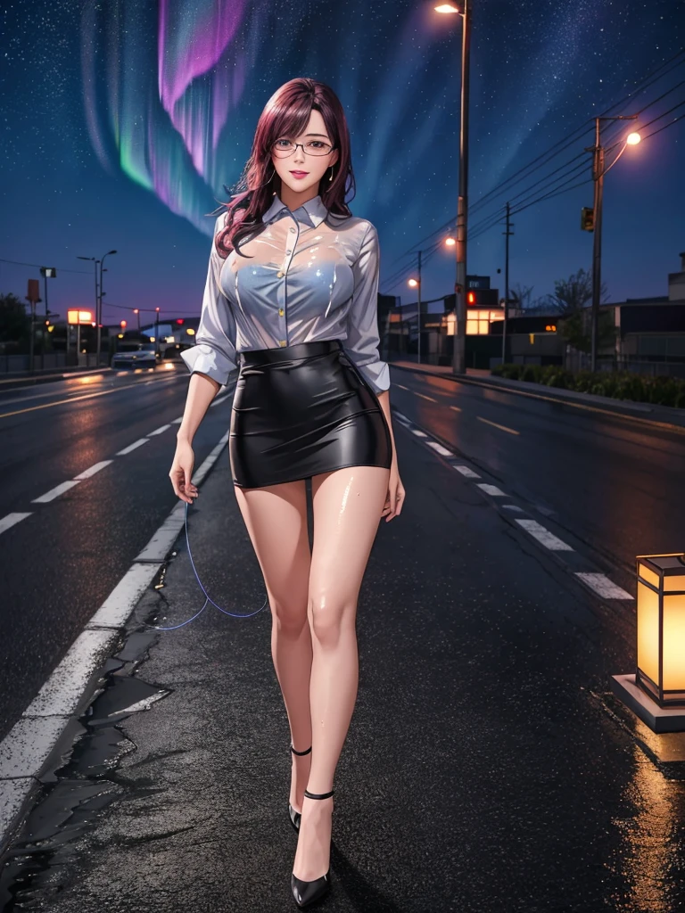 office lady, high resolution, Masterpiece, Anatomically correct, Highly detailed, realistic textures, blushing, dark purple hair, , big breasts, BIG ASS, woman is walking on street, night sky, aurora and stars background, deep blue shirt, black short skirt, full body, pink lips, sexy lady, rain, shadow on the road, light on electricity post, Wet shirt, diamond eyes, wear black stocking, long hair, realistic textures, high resolutionสุด, very detailed, quality, ปัดแก้มอ่อนๆ, จ้องมอง, มองที่ผู้ชม, close-fiting, wear eyeglasses, wear gray suit, ผมลอนธรรมชาติ, ผมยาวมากๆ, NSFW、Colorful light lighting、sharp focus、fine skin、 highest quality、Ultra - High resolution、Super high resolution、Highly detailed CG、theme,full body shot, beautiful blue eyes、(Detailed face and iace:1 2)、Clean pupils、almond eye), (gross、glossy lips、 size) 、(oval face : 1.4)、(thin fingers、fine arms、detailed human hand)、laughter