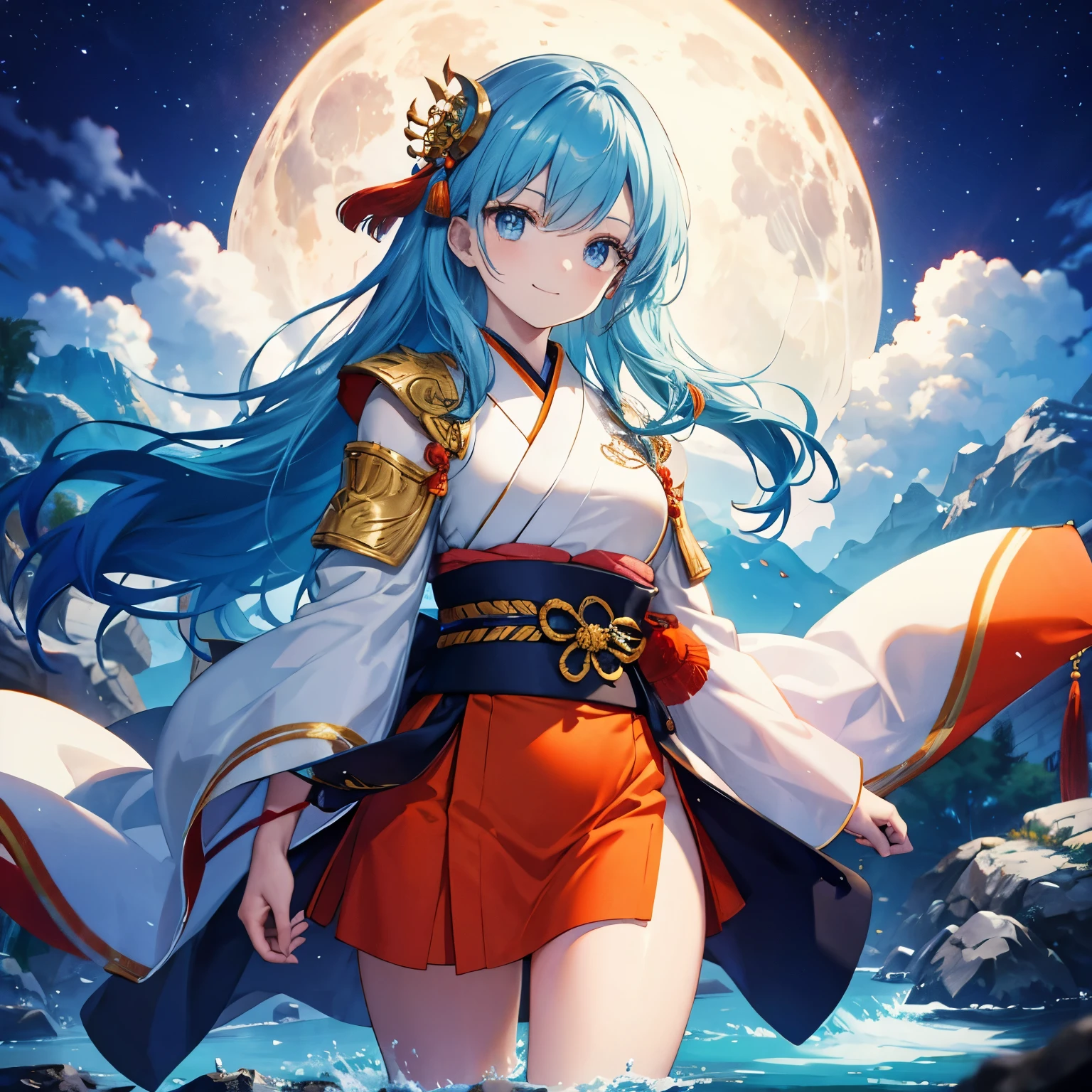 1 Person, Blue Hair Long hair, Red Sideburns White and Orange Clothes, Shoulder, High Resolution, Put The Sheath On The Waist, Visible Thighs, Black Belt, Warrior, Military Commander, Close-up, Smile, Blue Eyes, Bright Gold Coins, Night, Japanese Style, Old Shining Aura, Garden, Water Surface, Full Moon Catch the wind, Shining Background, Shining Edges