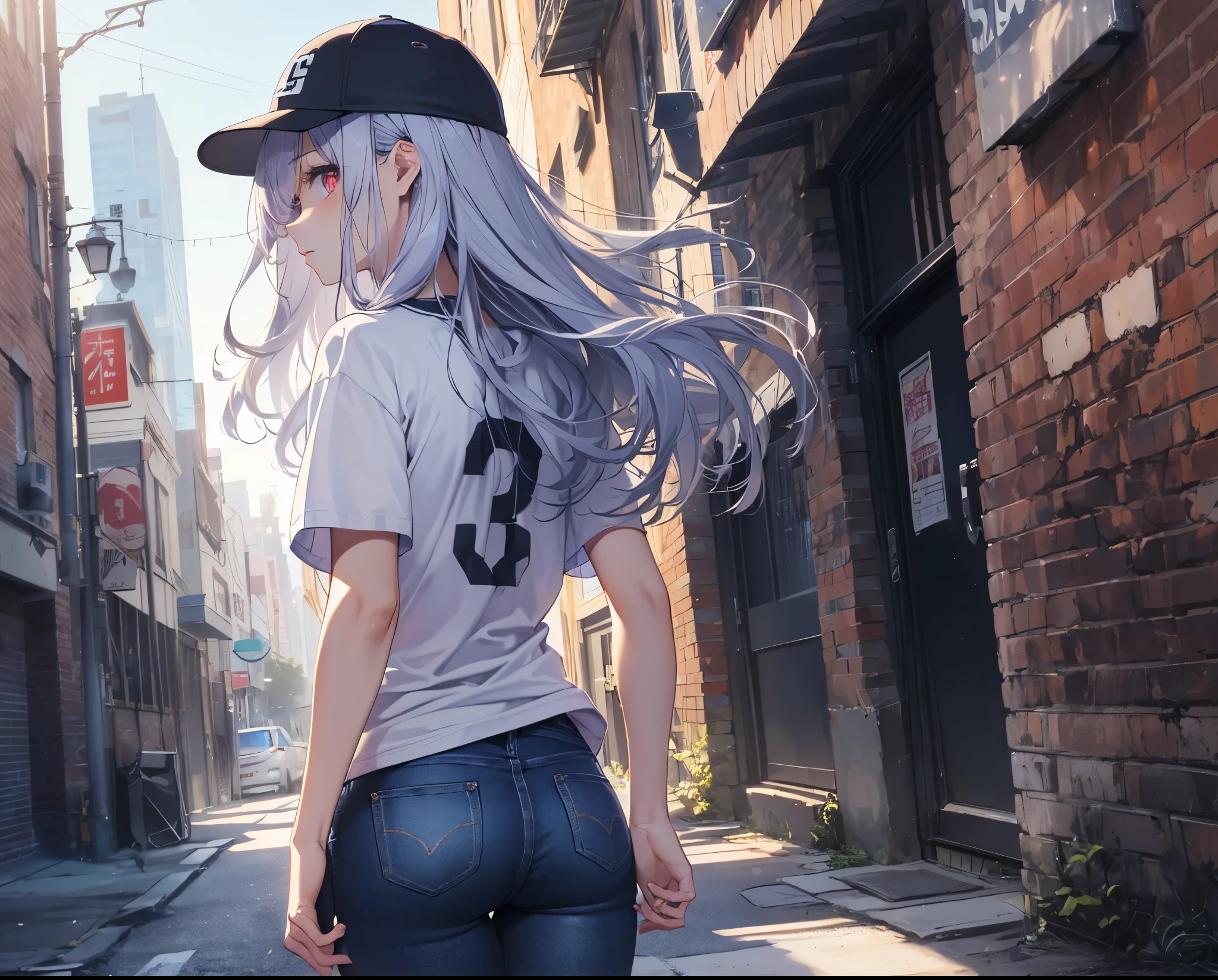 (Close-up:1.3),Realistic,Highest quality, Super detailed, High-quality CG rendering, The most delicate and beautiful, Floating softly, High resolution, (1 girl), (Highest quality,4K,8k,masterpiece:1.2), Light purple hair,(Long Hair:1.5),Red eyes,(Pure white oversized short sleeve T-shirt:1.3),(Black skinny jeans:1.3),(Pure white baseball cap:1.3),In the city,old buildings,Narrow back alley,(Turn your back to your audience:1.3),Butt