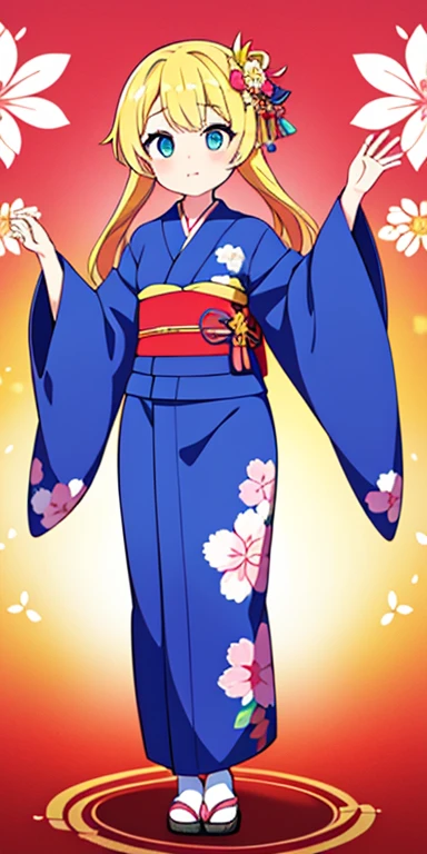 Full body, beautiful eyes , 1 girl  , full body , cute girl , anime style , cute eyes  , (standing up) , (Kimono Girls are elegantly dressed in traditional Japanese kimonos, often featuring vibrant colors and intricate patterns. Their hair is styled neatly, often adorned with floral accessories or ornamental hairpins. They move with grace and poise, embodying the beauty and tradition of their cultural heritage.) , yellow hair