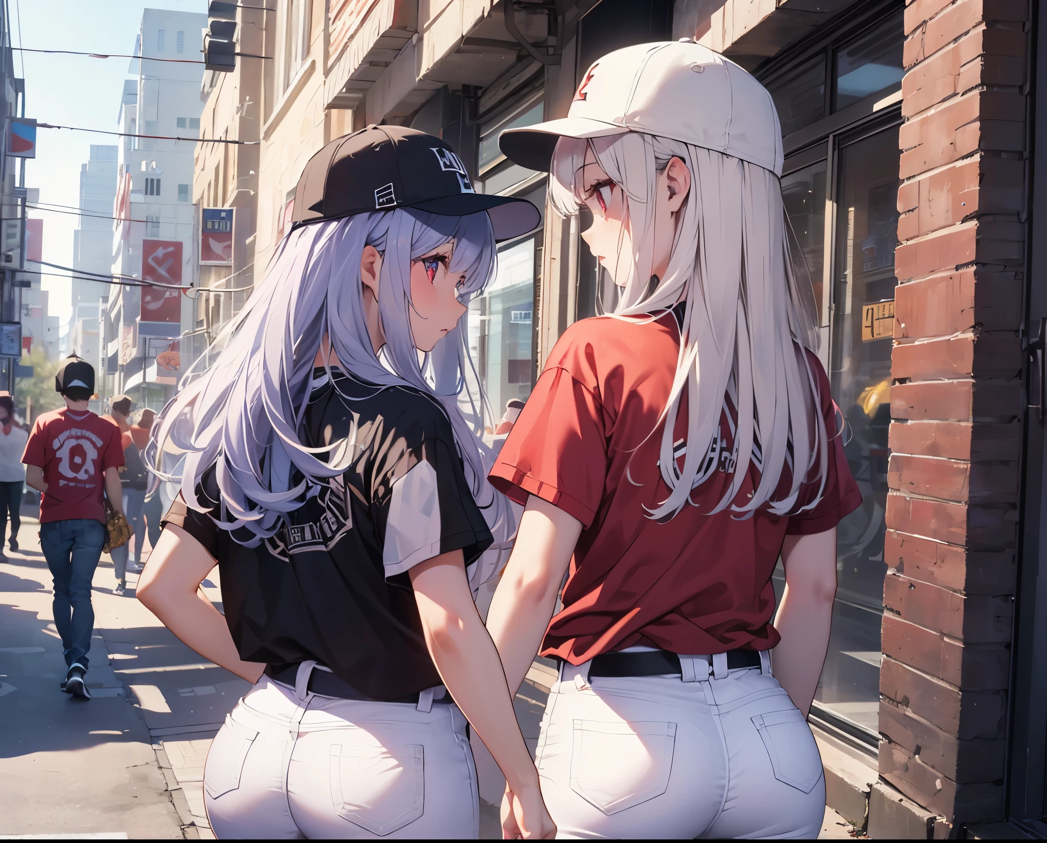 (Close-up:1.3),Realistic,Highest quality, Super detailed, High-quality CG rendering, The most delicate and beautiful, Floating softly, High resolution, (1 girl), (Highest quality,4K,8k,masterpiece:1.2), Light purple hair,(Long Hair:1.5),Red eyes,(Pure white oversized short sleeve T-shirt:1.3),(Black skinny jeans:1.3),(Pure white baseball cap:1.3),In the city,old buildings,Narrow back alley,(Turn your back to your audience:1.3),Butt