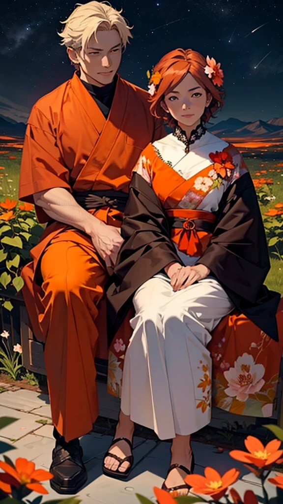 A mountain of flowers, it is a night sky, a beautiful couple is sitting, a couple is wearing short clothes, the sky is orange, moody color contrast, Anime look 