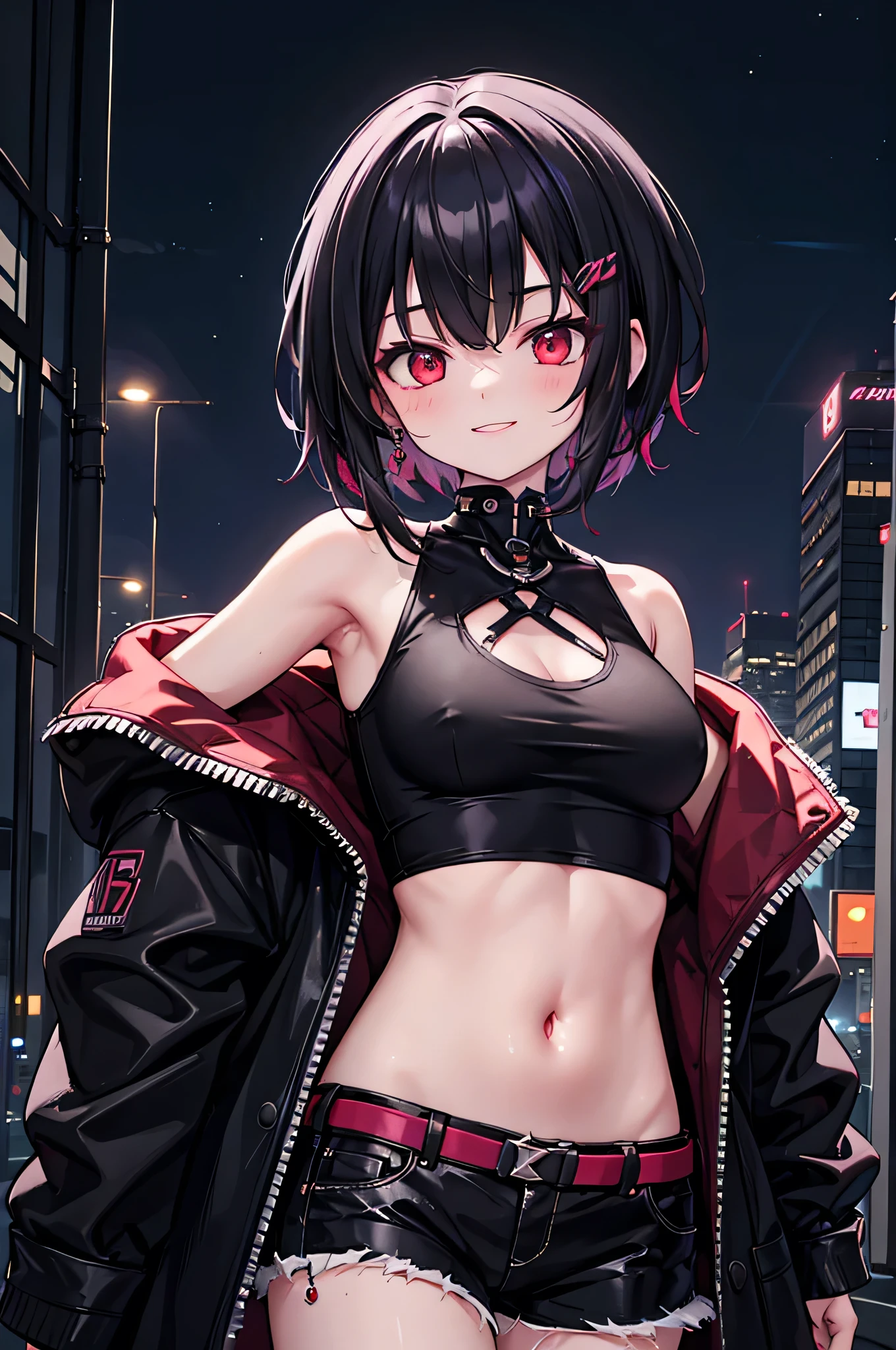 (masterpiece), cyber punk, city, night, Neon Light, city lights, One girl, Black Hair,White tank top with red pattern, short hair,Red Eye,hair ornaments,Around ,smile,He has taken off his jacket and is exposing his shoulders.,Navel showing