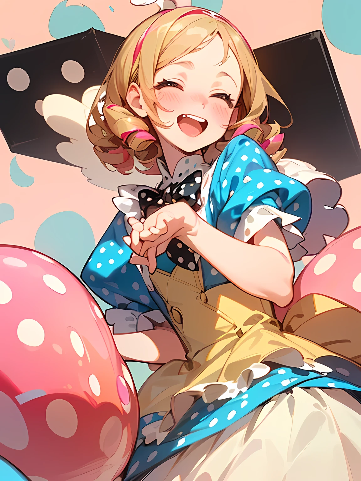 (Alice in Wonderland:1.3),(straight red drill hair),big forehead,(A vibrant and lively background:1.2),(Pop and cute black polka dot pattern:1.45)),((You are the main character!:1.2)),((Beautiful images:1.15)),((high quality:1.15)),((Perfect graphics:1.15)),(((girl、Lady))),Big smile,(blush、Embarrassed laugh:1.25),(white、pink、cream、black、yellow)