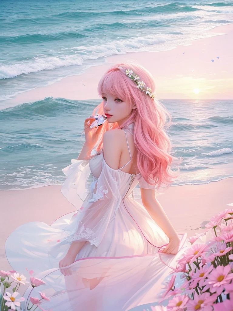 White and pink daisies in a glass volumetric heart on the seashore,flowers inside a glass heart,sea,waves,sunset,pearl,petals,bisser,Gentle tones,Beautiful,photorealism