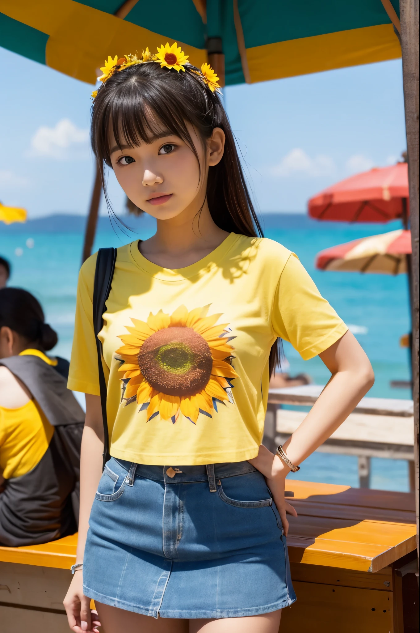 20 years old girl (Japanese cute face) is wearing T-shirt, mini skirt and has sunflower at the beach bar