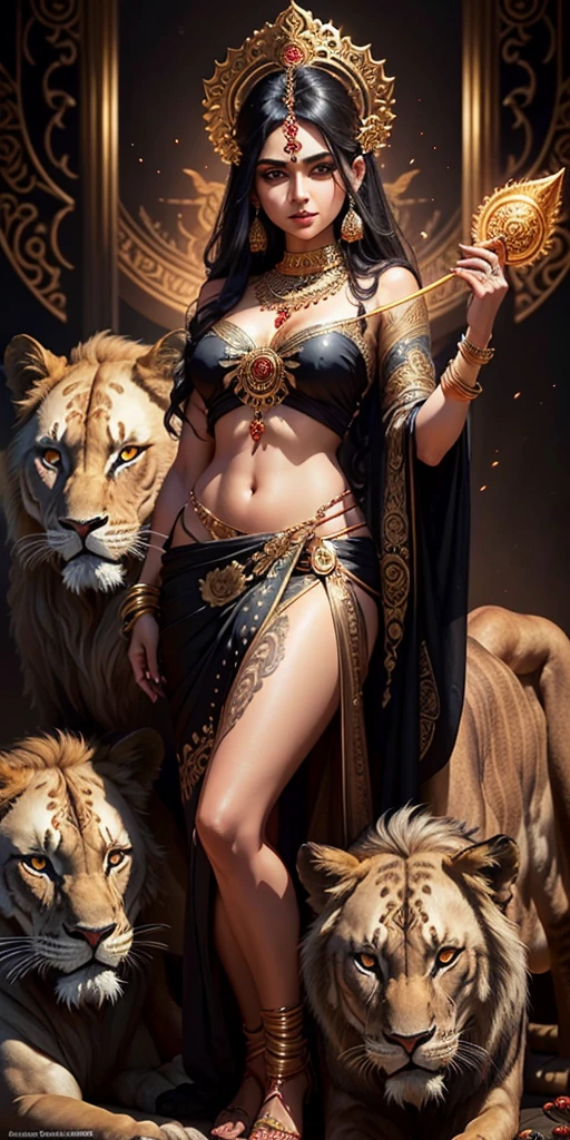 a beautiful hindu goddess, detailed face HD, piercing eyes, full lips, long flowing dark black sari, holding a trishul, a majestic lion nearby, intricate jewelry, glowing ethereal aura, highly detailed, photorealistic, dramatic lighting, vibrant colors, ornate background, digital art HD 8k quality beautiful face full HD