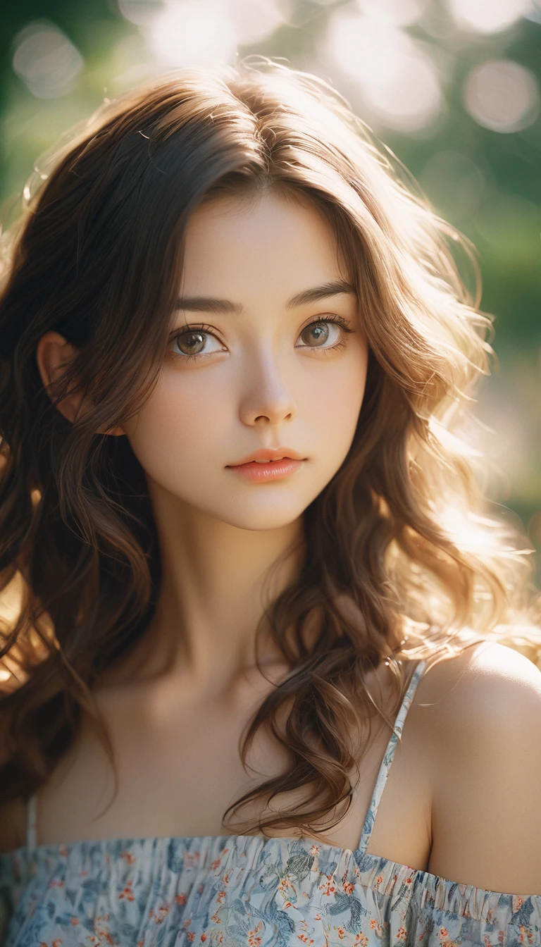 Film Portrait Photography, One girl, Exposing shoulders, Shoulder-length wavy hair, Calm, Calm, (Realistic eyes, Natural skin texture, Realistic facial details), Soft and dramatic lighting, Depth of written boundary, Bokeh, Vivid details, In detail, Surreal, 35mm Film, Blurred, movie,