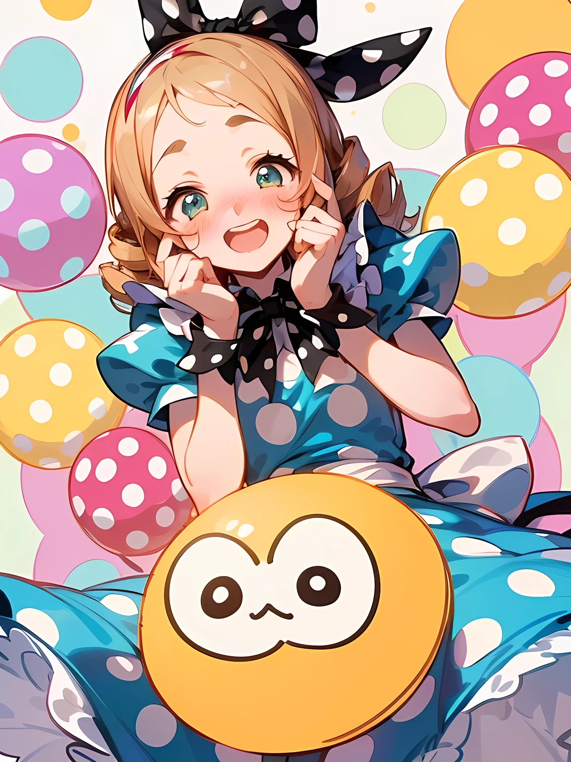
(Alice in Wonderland:1.3),(straight red drill hair),big forehead,(A vibrant and lively background:1.2),(Pop and cute black polka dot pattern:1.45)),((You are the main character！:1.2)),((Beautiful images:1.15)),((high quality:1.15)),((Perfect graphics:1.15)),(((girl、Lady))),Big smile,(blush、Embarrassed laugh:1.25),(white、pink、cream、black、yellow)