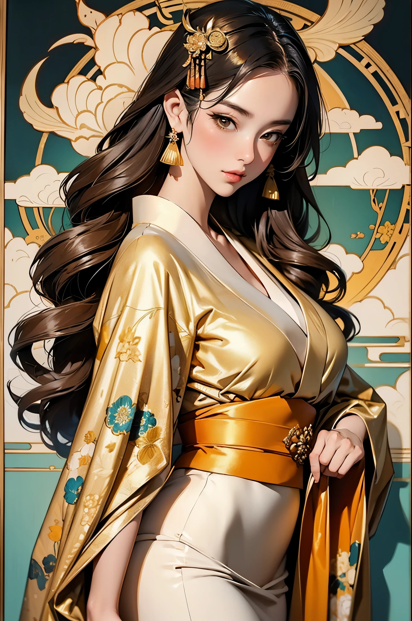 a woman in a golden kimono dress with a gold halo, japanese goddess, chie yoshii, elegant japanese woman, portrait of a beautiful geisha, intricate geisha kimono, japanese art style
