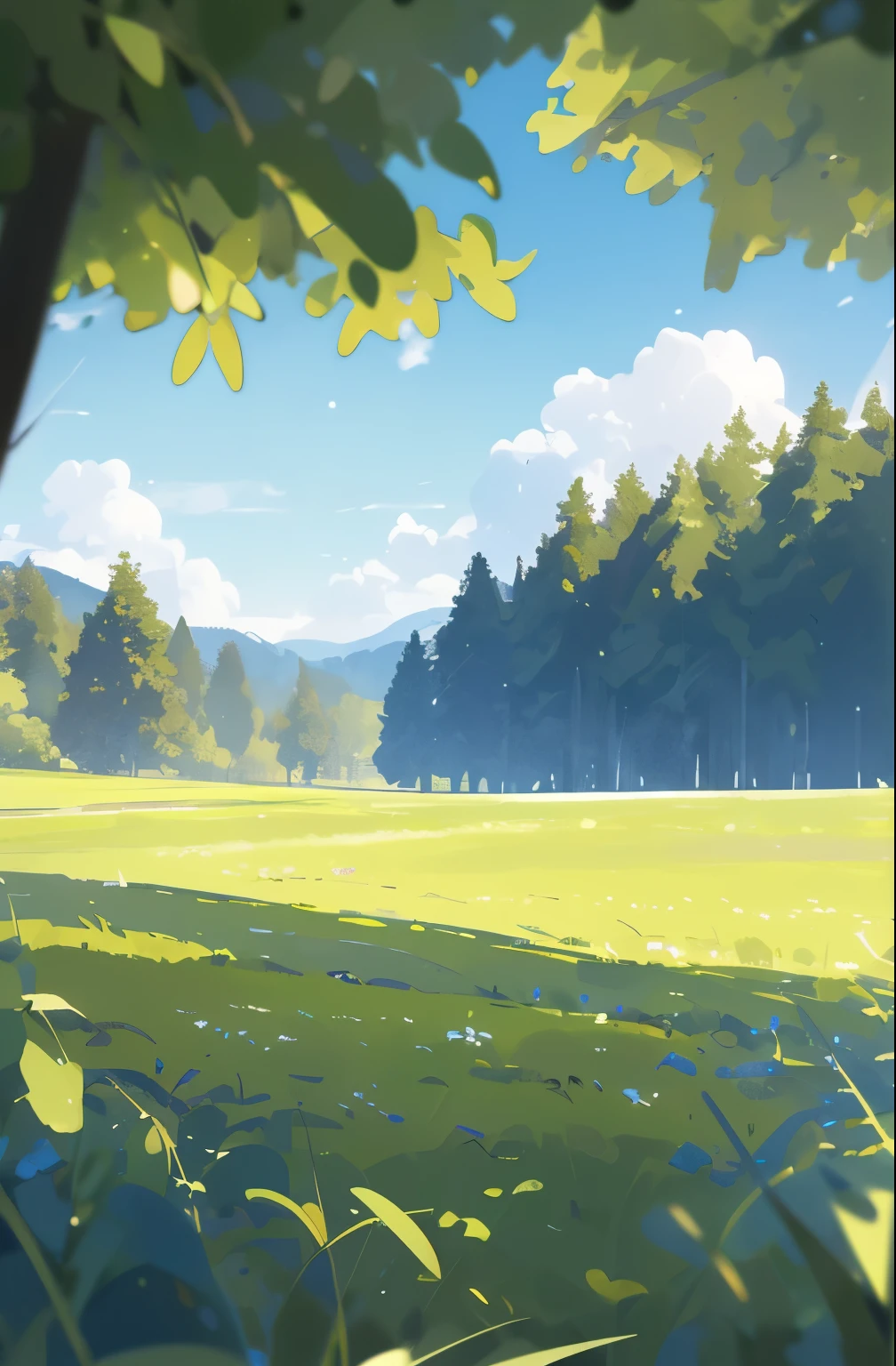 Empty meadows,There are trees in the distance,forest,Clear skies,Rolling Green Hills,Blue sky,Second dimension style,High-resolution details, Very detailed, film soft light, Deep field focus bokeh, ray tracing and hyperrealism. --v6