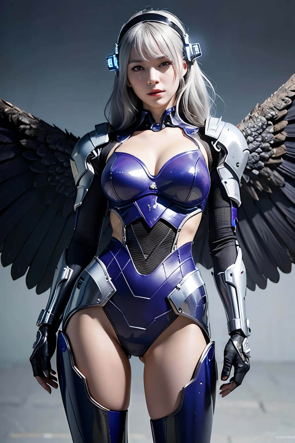 masterpiece, (Photorealistic:1.4), RAW Photos, Cyborg Angel, Large metal wings, White porcelain body, Gray Hair, Glowing Skin, 1 Cyborg Girl, ((Ultra-Realistic Details)), Global Illumination, Shadow, Octane Rendering, 8k, Super sharp, Character edge light, Huge , Intricate decorative details, Details of Sumerian hydraulic cylinders, Small LED Lamp, Very intricate details, Realistic Light, Purple eyes, Shining Eyes, To the camera, Neon Details, Cowboy Shot, Futuristic headgear, cyber punk
