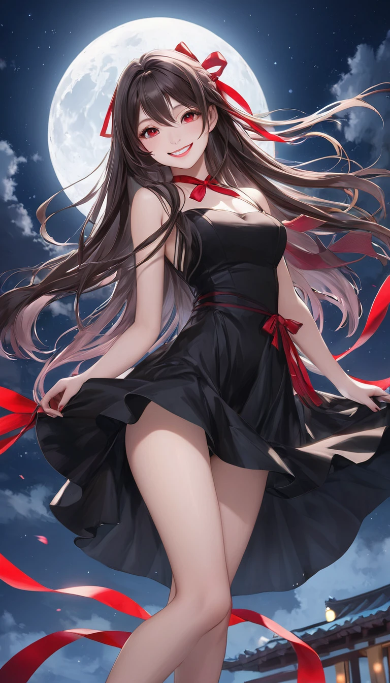 masterpiece, Highest quality, detailed, One girl, alone, night sky, Outdoor, full moon, performer, cloud, night,,  Dark Sakura, (Black Dress), Long Hair, Wicked Smile, Red ribbon, Striped, Thighs