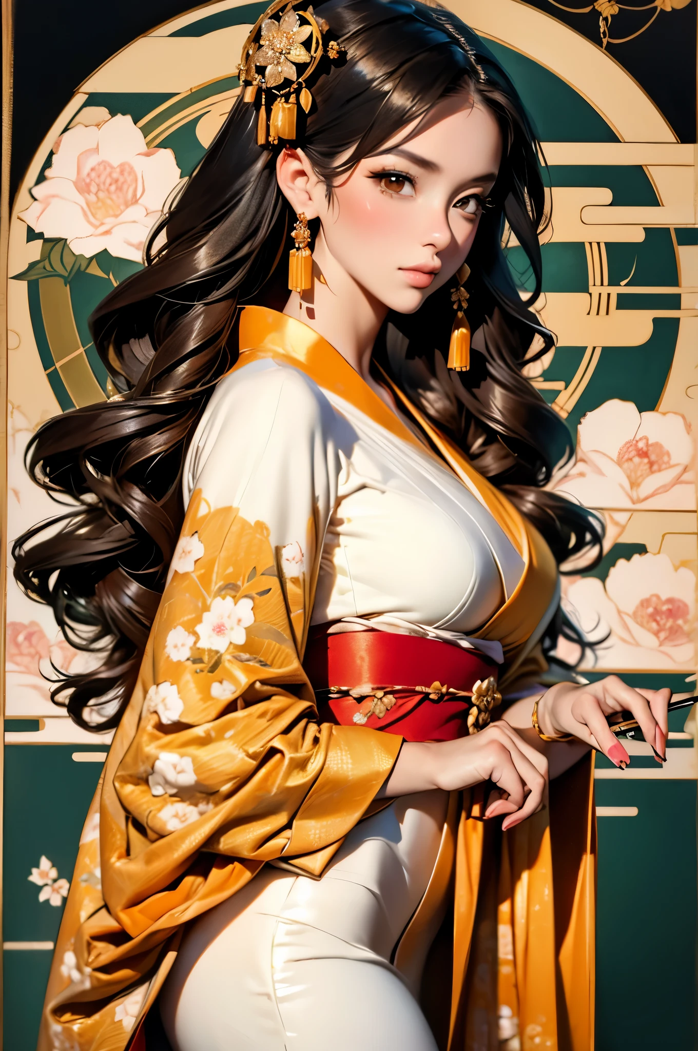 a woman in a golden kimono dress with a gold halo, japanese goddess, chie yoshii, elegant japanese woman, portrait of a beautiful geisha, intricate geisha kimono, japanese art style, beautiful hands, correct proportion
