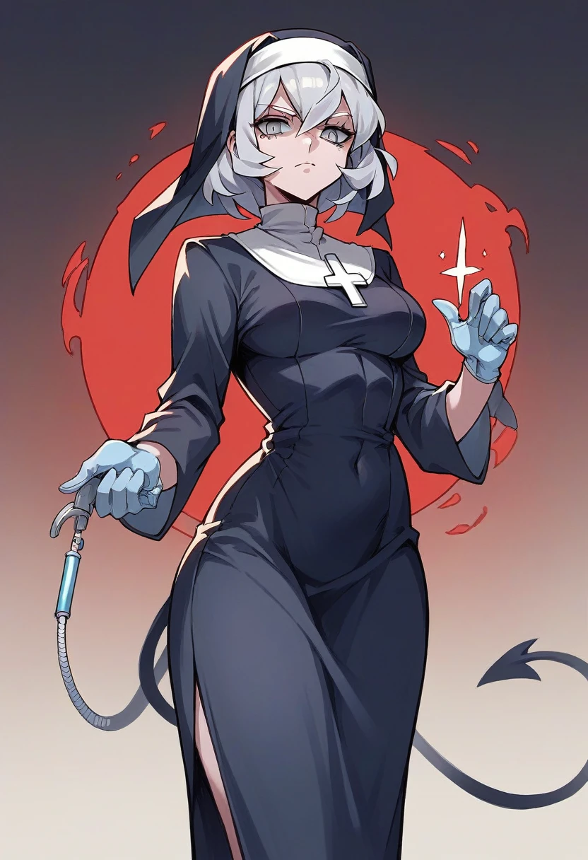 1girl, malina \(helltaker\), ((blue medical gloves)), (black nun uniform), ((long sleeves)), looking at viewer, standing, solo
